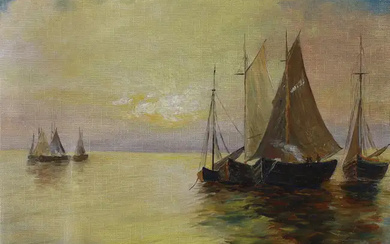 German School, 19th century- Sailboats at sunset; oil on canvas laid down...