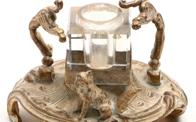 Gilt Bronze Fox Inkwell with Glass Inkwell, Early 20th Century
