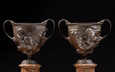 Goblet (2) - Grand Tour: Cups - after the Pompeii Kantharos cup - XIX Sec. - Bronze, Gilt Bronze