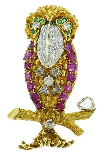 Gold Parrot Bird Pin BROOCH Clip with Diamond Ruby