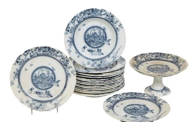 Group of Eighteen Pieces of English Blue and White Ironstone China, 19th c., by Brownfield &