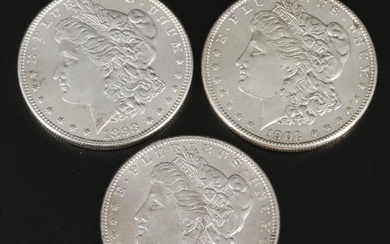 Group of Three Morgan Silver Dollars Dates Included are 1890, 1898, and 1902-O