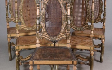 Gruppo di sei sedie in legno laccato e dorato, con paglia di Vienna