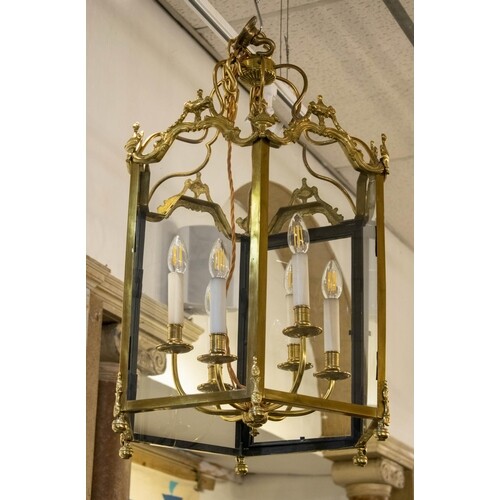 HALL LANTERN, Louis XVI design, brass of hexagonal form with...