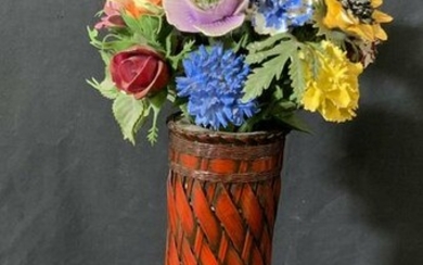 Hand Painted Ceramic Floral Bouquet W/ Rattan Vase