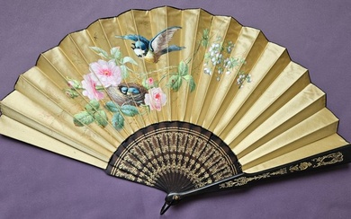 Hand fan - folding fan - Silk, Stained wood