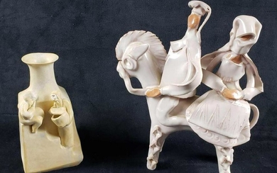 Handmade Ceramic Bud Vase and Donkey Rider Figurine