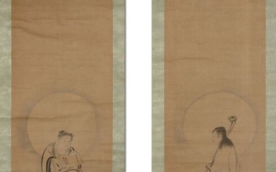Hanging scroll (2) - Paper, Wood - Kano Yasunobu (1614-1685) - Very fine sumi-e diptych of Monju and Fugen bosatsu Nyorai, signed - including original tomobako - Japan - Early Edo period