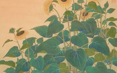 Hanging scroll, Kakejiku, Scroll - Silk, Brocade - Flowers - Kisô 季草 - Unique large hanging scroll with a painting on silk of a cluster of sunflowers, signed & sealed. - Japan - Taishō period (1912-1926)