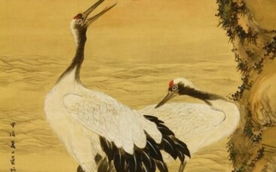 Hanging scroll painting - Silk - 'Kōitsu' 光逸 - Cranes under pine tree - With signature and seal 'Bakutō' 麦塘 - Japan - 1904 (Meiji 37)
