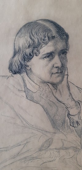 Harald Jerichau: Portrait of Elisabeth Jerichau Baumann. Signed monogram HJ 1871. Lead and ink on paper. Verso with small study. 29,5×23 cm. Unframed.