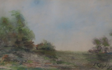 Henri HARPIGNIES (Valenciennes,1819 - Saint-Privé, 1916) Paysage de plaine aux bosquets Pastel et aquarelle signé...