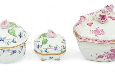 Herend Porcelain Manufactory (Hungarian) 'Blue Garland' & 'Chinese Bouquet' Porcelain Covered Boxes