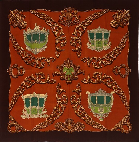 NOT SOLD. Hermès: A silk scarf with motive "Carrolses D'or" by Rybal Baroque in brown,...