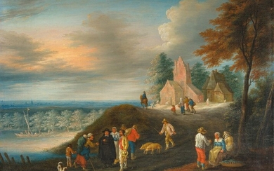 Hilly landscape with figures going to church at sunset