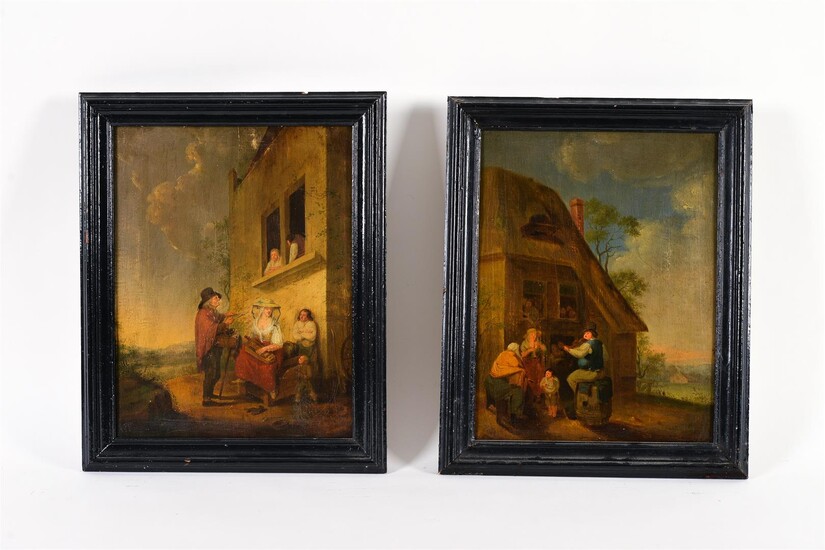 Hollandse School (18e eeuw) (-), 'Figuren bij herberg' en 'Vrouw met draailier',...