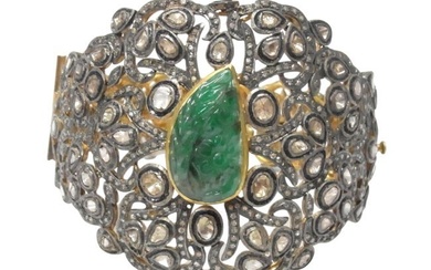 Huge Aprx 12ct Carved Natural Emerald Antique Rose Cut Diamond Solid Gold w Silver Top Bracelet