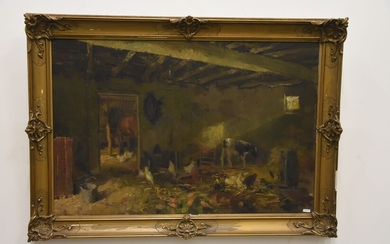 Huile sur toile signée Claes " Etable avec cheval, veau et poule " (60 x...