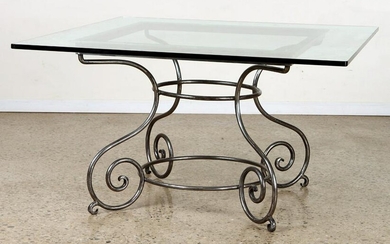 IRON TABLE W/ SCROLL FORM LEGS SQUARE GLASS TOP