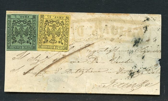 Italian Ancient States - Modena 1852 - 5 c. verde oliva e 15 c. giallo senza punto su lettera da Aulla a Firenze - Sassone N. 3, 8