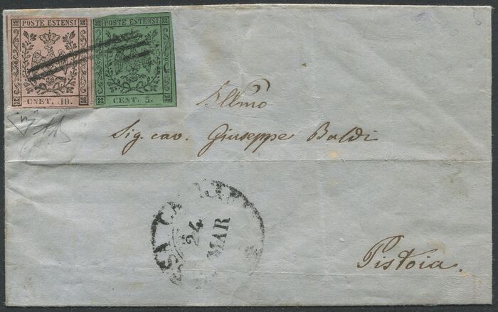 Italian Ancient States - Modena 1859 - 5 c. + 10 c. CNET on envelope from Carrara to Pistoia, certified. - Sassone NN.7+9h