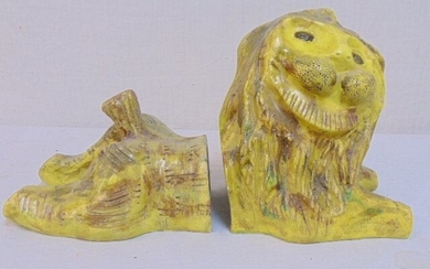 Italian ceramic lion bookends, paint decorated, 15"