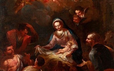 Italian school; 18th century. "Adoration of the Shepherds". Oil on canvas. Relined.