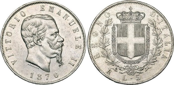 Italy, Kingdom of Italy. Vittorio Emanuele II di Savoia (1861-1878). 5 Lire 1870 Roma