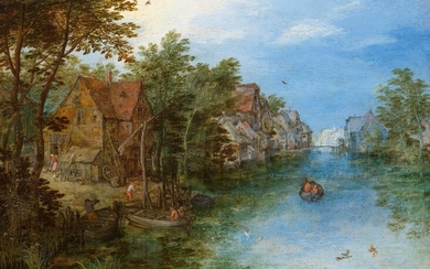 JAN BRUEGHEL l'Ancien.(Bruxelles 1568-1625 Anvers)Dorfgracht avec personnages, bateaux et amarrage. 1608.Huile sur cuivre. Signé et...