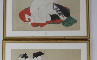 JAPAN: Two erotic scenes. Ink and gouache on...