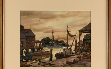 JOHN CUTHBERT HARE (Massachusetts/Florida, 1908-1978), Boats at dock., Watercolor on paper, 13&#8221