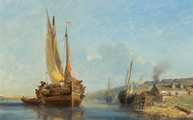 JULES ACHILLE NOËL(Quimper 1815-1881 Alger)Voiliers sur le rivage.Huile sur bois. Signé en bas à gauche...