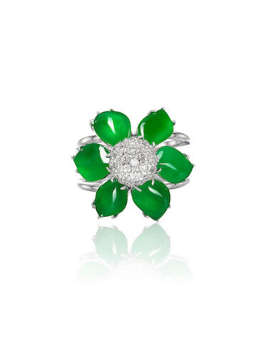 Jadeite and Diamond 'Floral' Ring