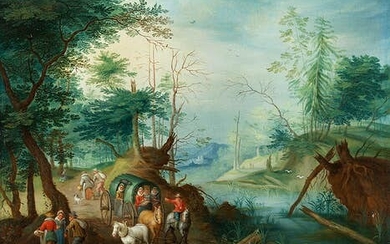 Jan Frans van Bredael d. Ä., 1686 Antwerpen – 1750 ebenda, FLUSSLANDSCHAFT MIT REISENDEN