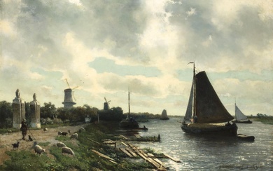 Jan Hendrik Weissenbruch (1824-1903), Dutch riverscape with sailboats and windmills, a...
