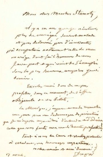 Jean-Dominique INGRES. L.A.S., Paris 17 avril [1852], au...