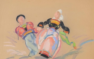 Jean-Julien LEMORDANT (1878-1968), «Danseurs bigoudens», Pastel signé en bas à droite, 32 x 42 cm