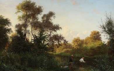 Johannes Boesen: Landscape with boys fishing in a stream. Signed with monogram and dated marts 1872. Oil on canvas. 77×113 cm.