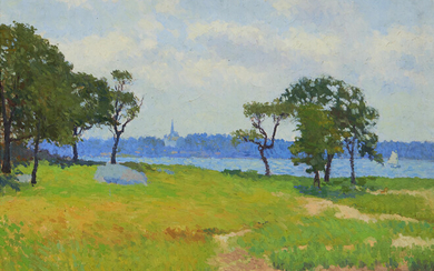 Joseph Eliot Enneking (American, 1881-1942) View of a Church Across the River 25 x 30 in. (63.5 x 76.2 cm) framed 28 1/2 x 33 1/2 in.