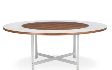 Jørgen Høj: A circular Brazilian rosewood dining table, aluminium frame. H. 68. Diam. 115/175 cm. (5)