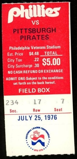 July 25 1976 Phillies vs. Pirates Ticket Stub Schmidt hits HR #119 176817