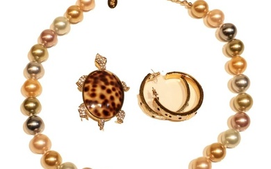 Kenneth Jay Lane Gold Tone Pearl Necklace & Enamel Huggie Earrings & Tortoise Shell-Like Brooch