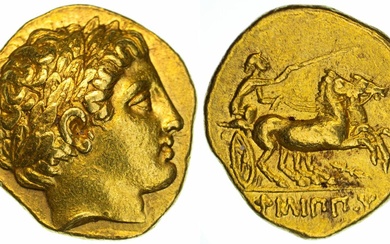 Kingdom of Macedon, Philip II (359-336 BC), AV Stater, Pella, struck circa 340-328, laureate he...