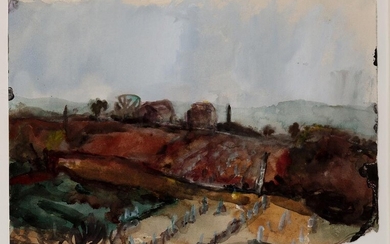 Klaus Fussmann, German b.1938 - Tuscan Landscape, 1983; watercolour on irregular shaped paper, titled and dated to gallery label on the reverse, 29 x 40.5 cm max. (ARR) Provenance: Achim Moeller Fine Art Limited, New York (according to the label on...