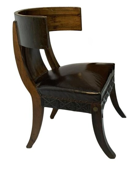 Klismos model chair in walnut and leather seat, brass