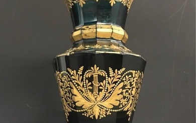 LARGE 19TH C. GILT AND ENAMELED BOHEMIAN EMERALD GLASS