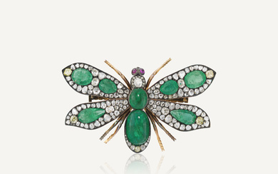 LATE 19TH CENTURY EMERALD, DIAMOND AND RUBY INSECT BROOCH