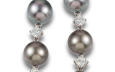 LONG EARRINGS WITH TAHTI PEARLS AND DIAMONDS, IN WHITE GOLD