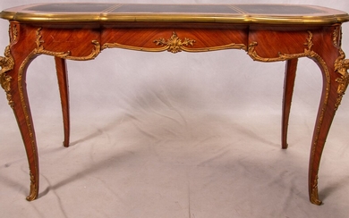 LOUIS XV STYLE MAHOGANY, GILT BRONZE AND TOOLED LEATHER BUREAU PLAT H 30", W 55", D 29"