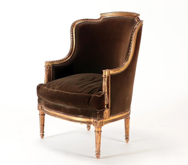 LOUIS XVI STYLE GILTWOOD FRENCH BERGERE CHAIR 1920